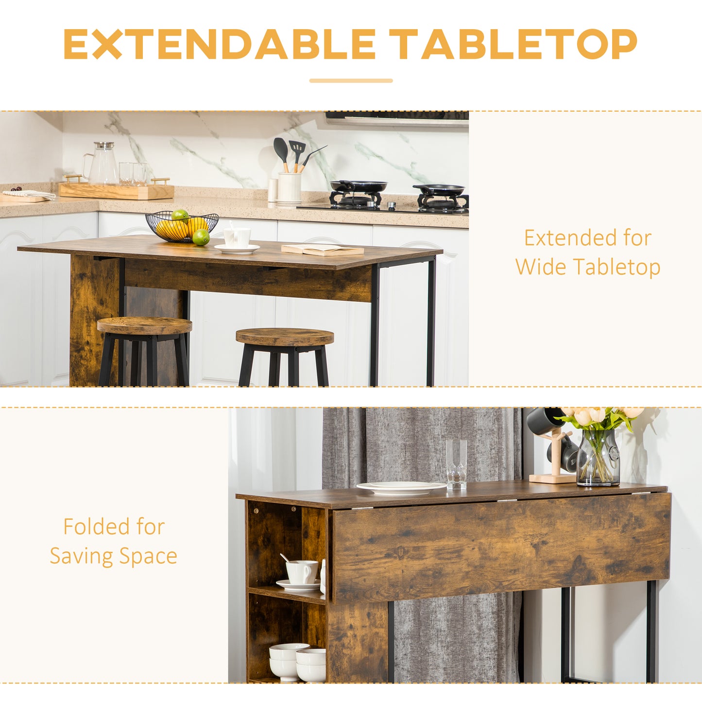 Table de bar extensible avec tablettes de rangement réglables