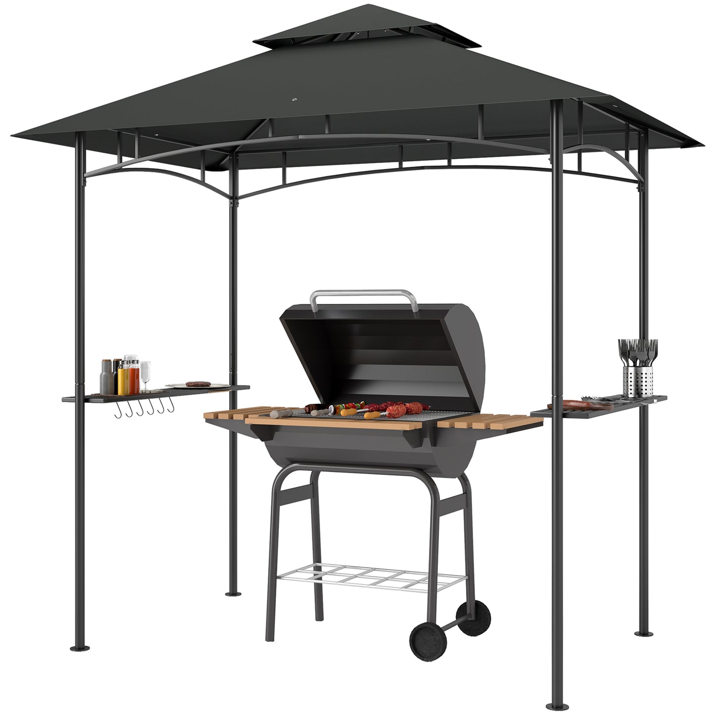 Gazebo de barbecue double toit avec tablettes et crochets