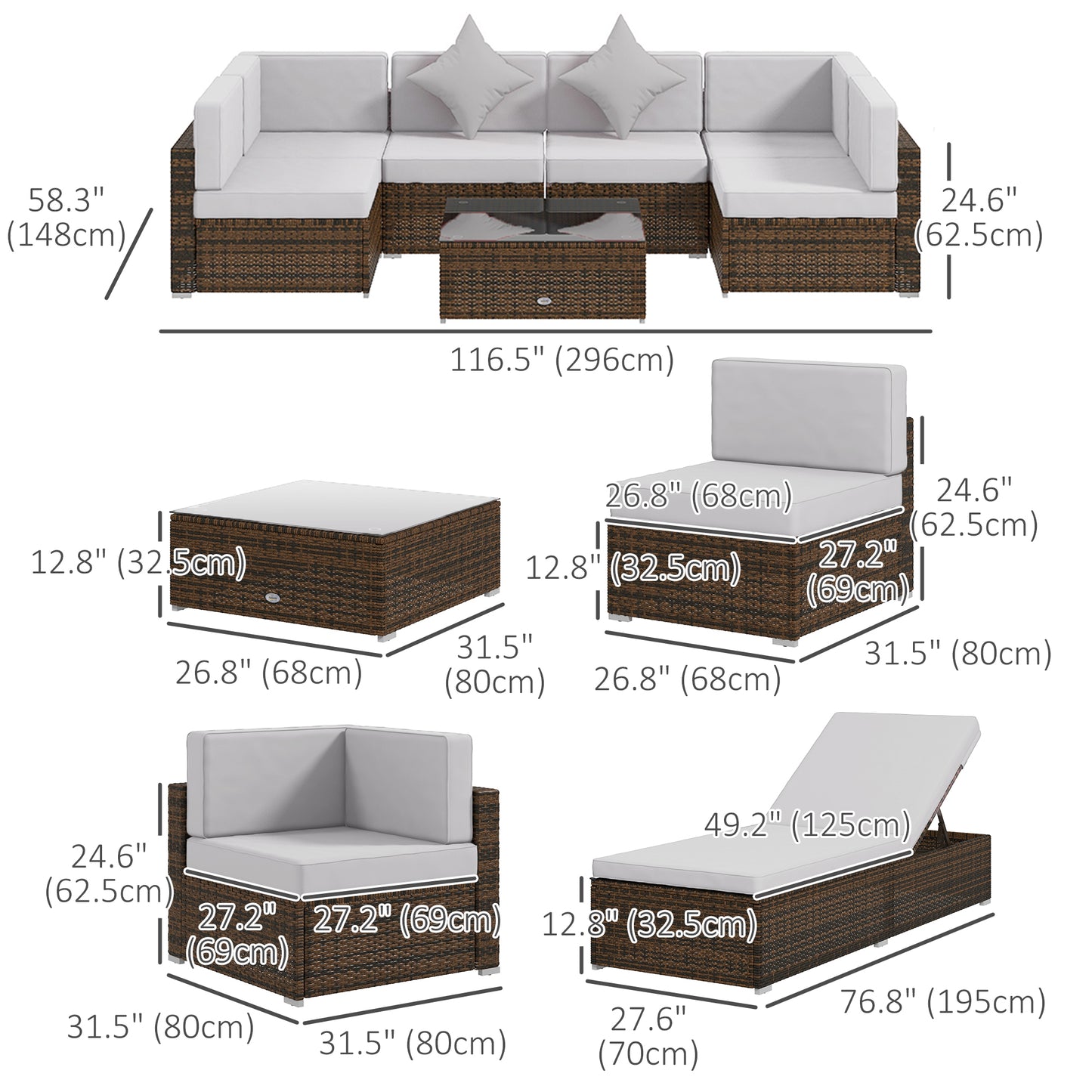 Ensemble patio 9 pièces osier modulaire avec coussins