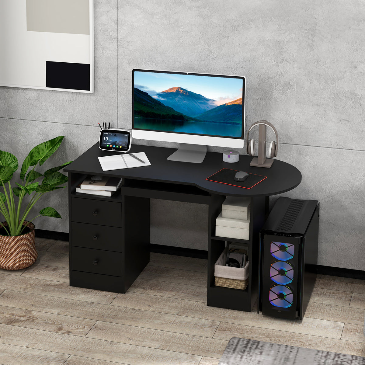 Bureau d'ordinateur moderne avec rangement et tiroirs
