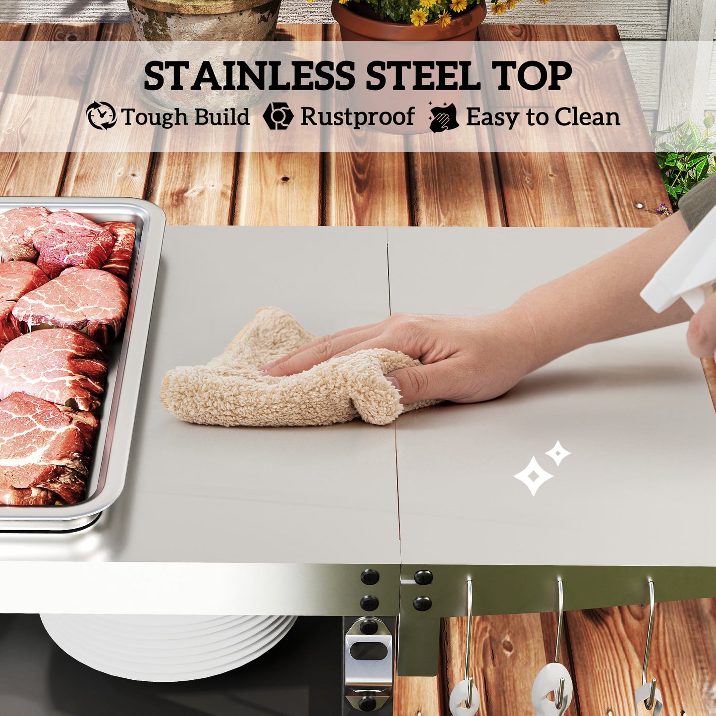 Chariot BBQ extérieur avec table pliante et dessus inox