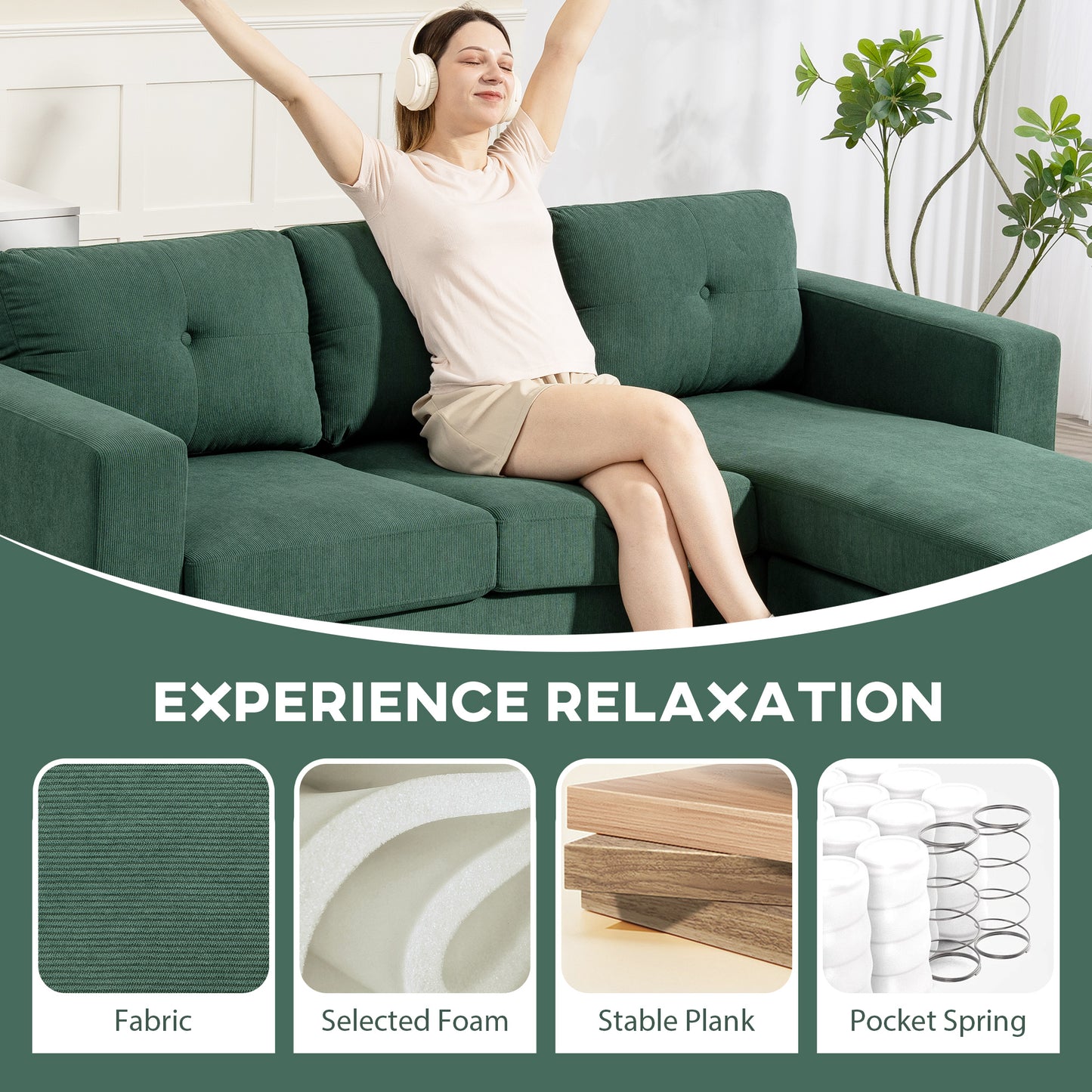Sofa sectionnel en velours côtelé avec chaise longue réversible