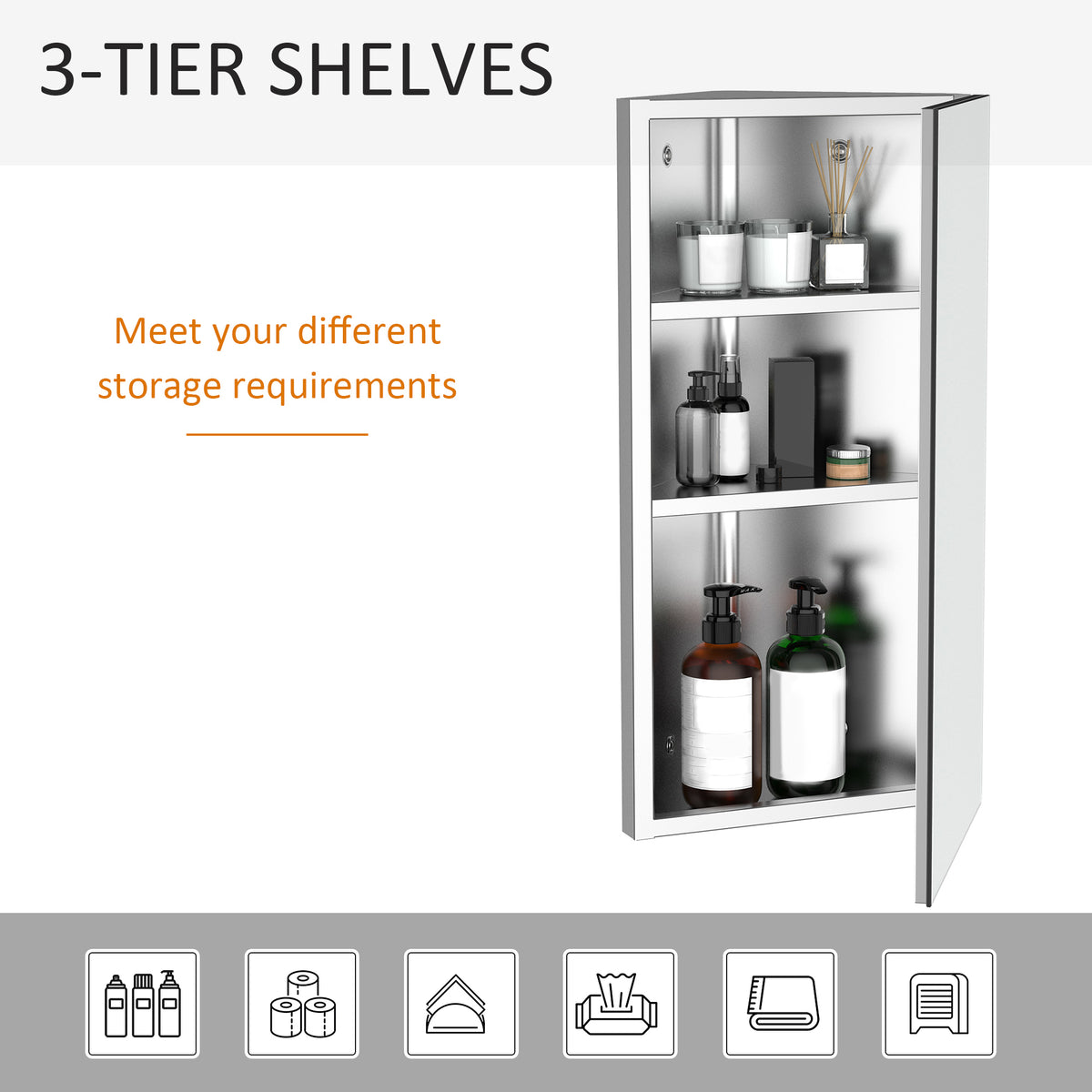 Armoire de toilette d'angle murale en acier inoxydable
