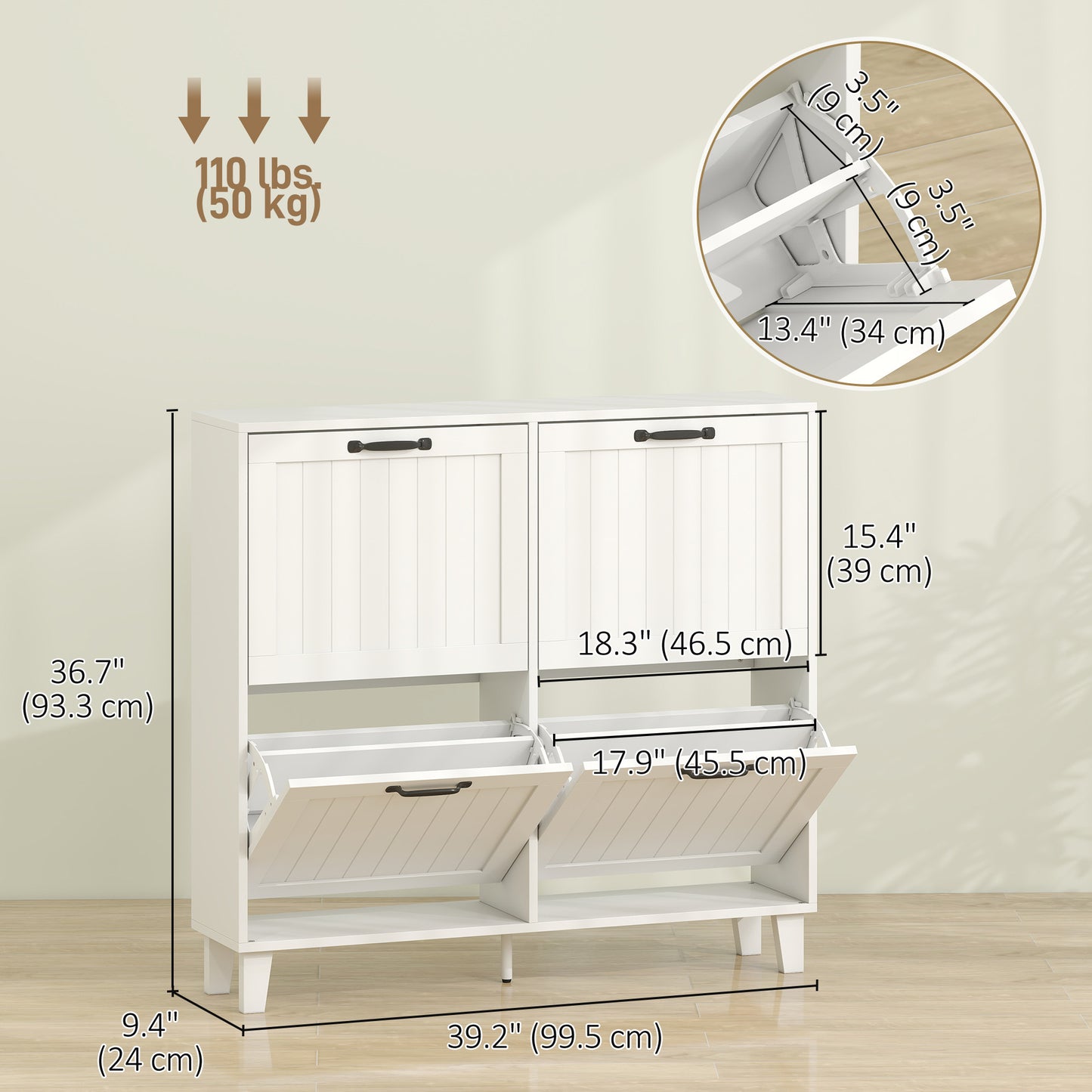 Armoire à chaussures 4 tiroirs rabattables, étagères ajustables