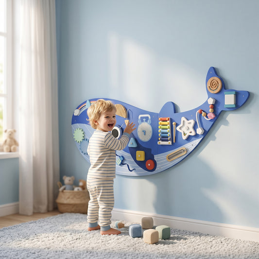 Panneau d’activités mural sensoriel en bois en forme de baleine