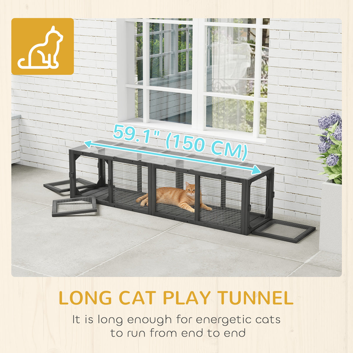 Tunnel pour chat extérieur en bois et grillage modulaire