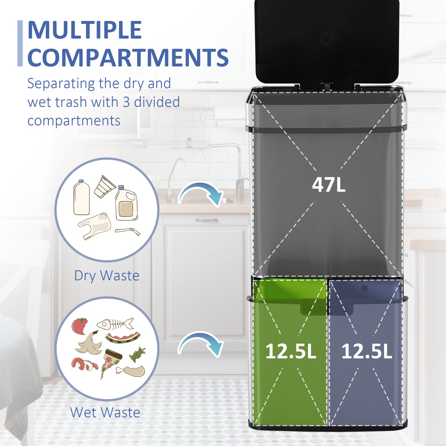 Poubelle à capteur 3 compartiments 72 L — Inox