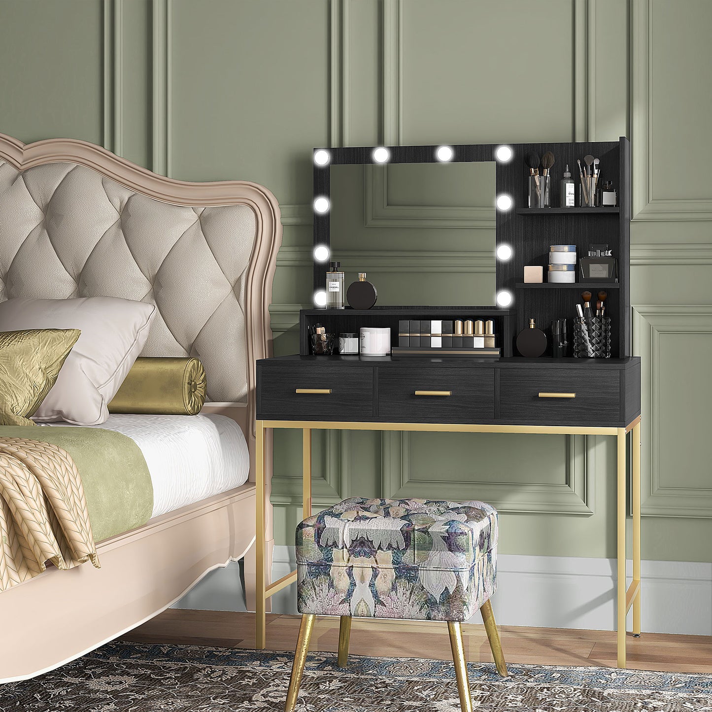 Coiffeuse illuminée avec miroir LED et 3 tiroirs