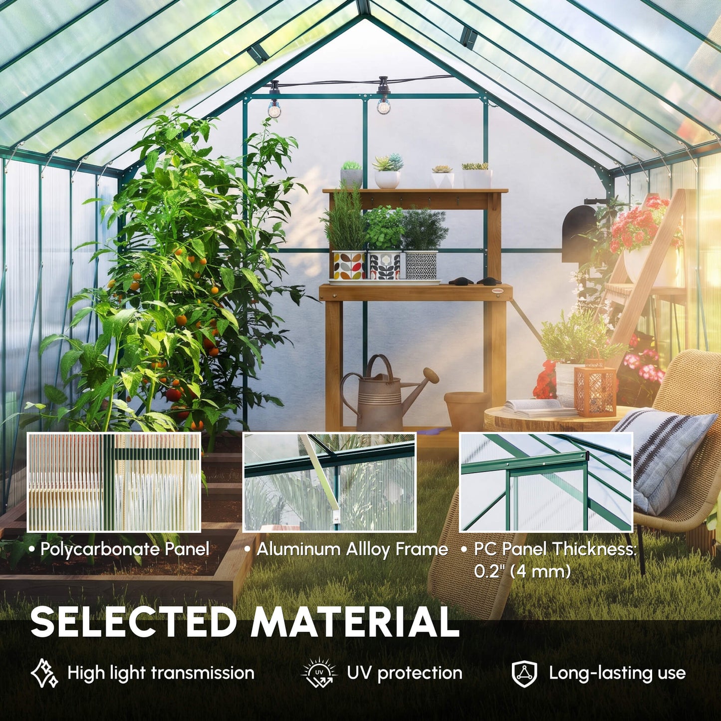  5x2.5m Aluminum Polycarbonate Greenhouse with Sliding Door