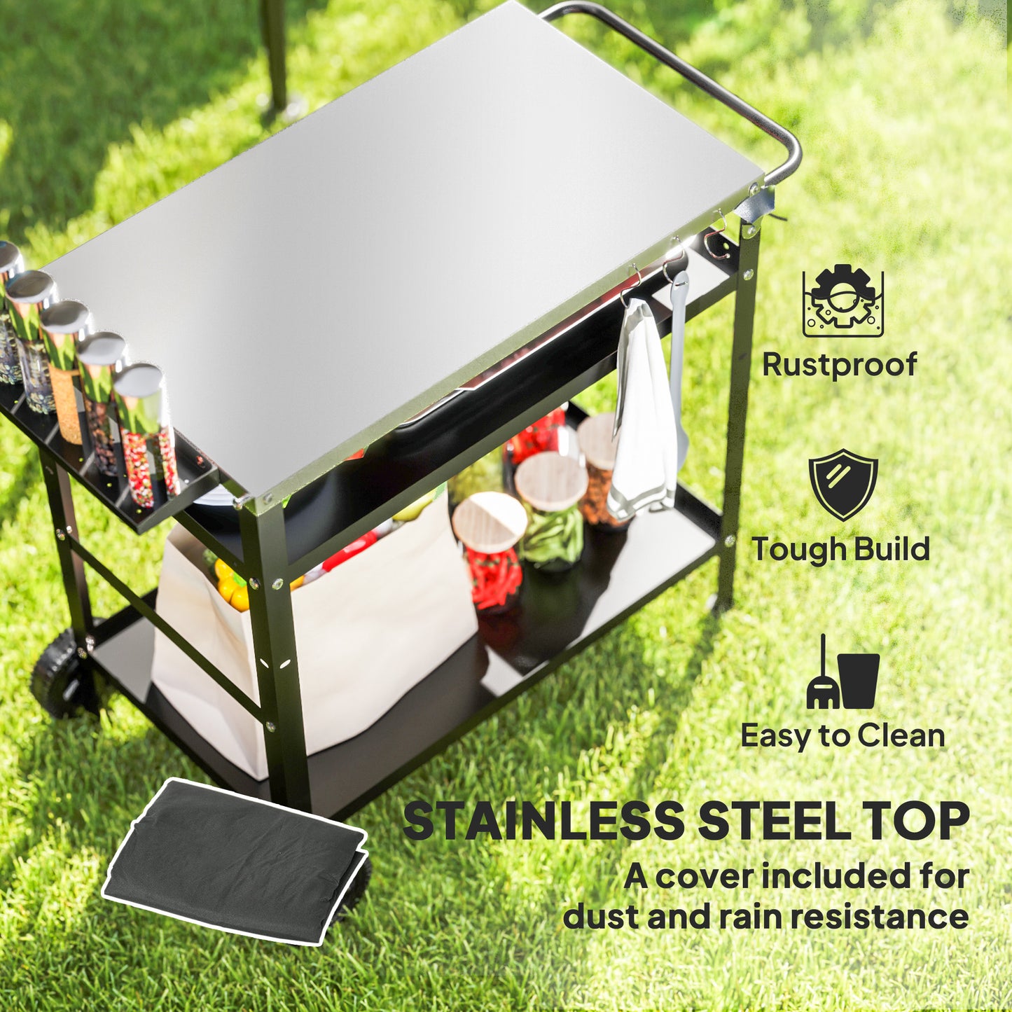 Chariot BBQ pliant acier inoxydable avec tablettes roulettes