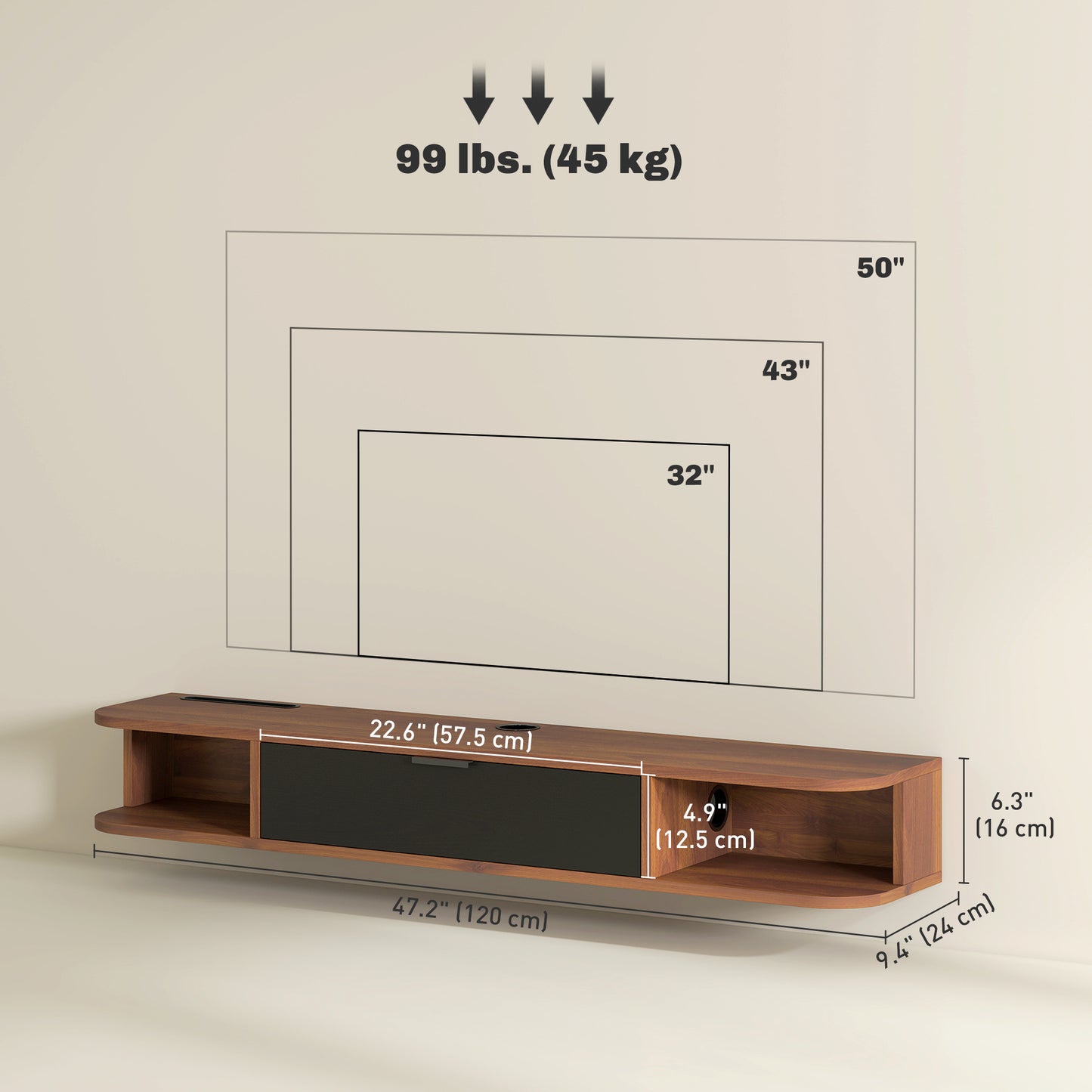 Meuble TV mural avec tiroir et 2 tablettes ouvertes