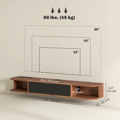 Meuble TV mural avec tiroir et 2 tablettes ouvertes