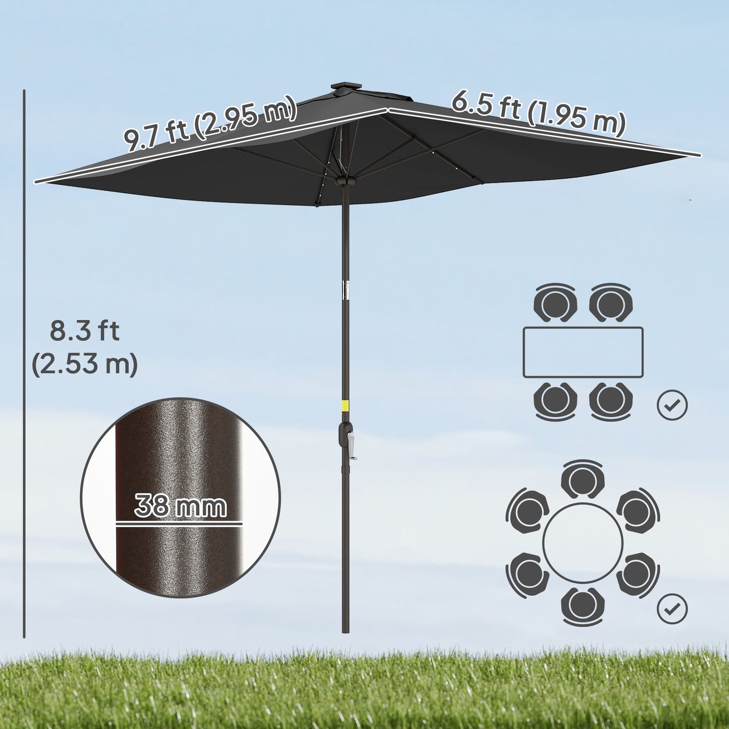 Parasol rectangulaire inclinable avec éclairage LED solaire 195x295cm