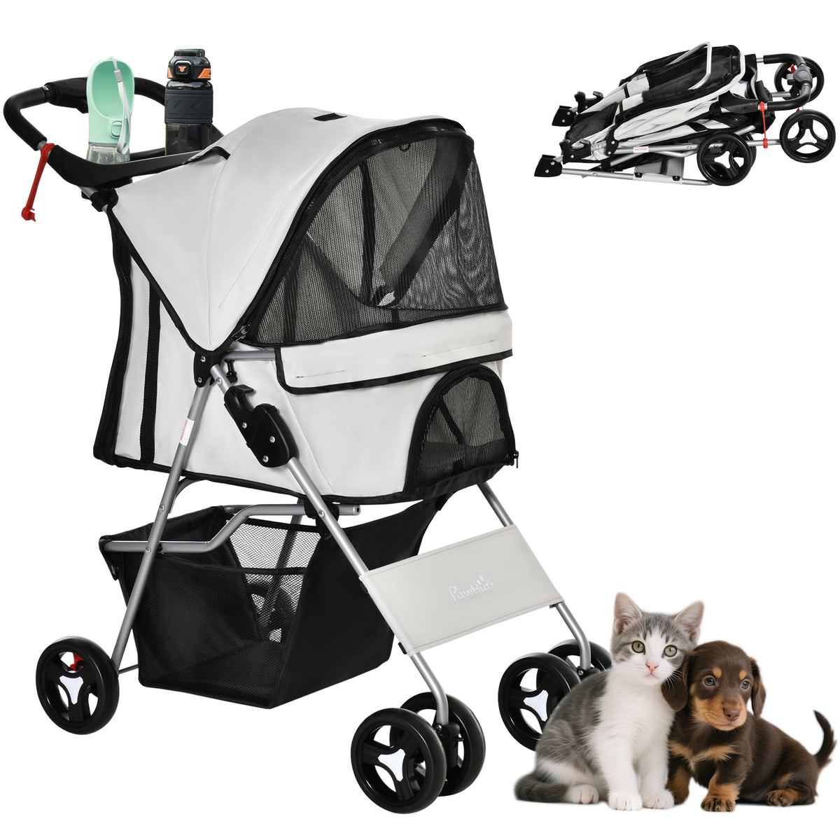 Poussette pour animaux pliable avec freins — grise