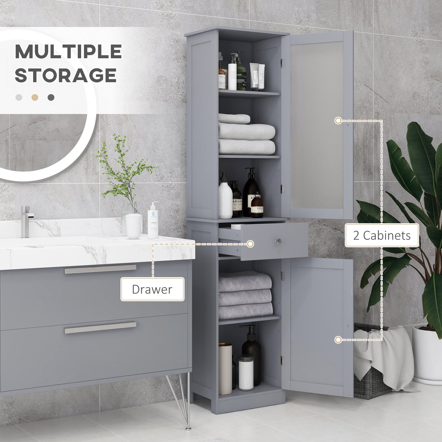Armoire salle de bain haute avec tiroir et portes