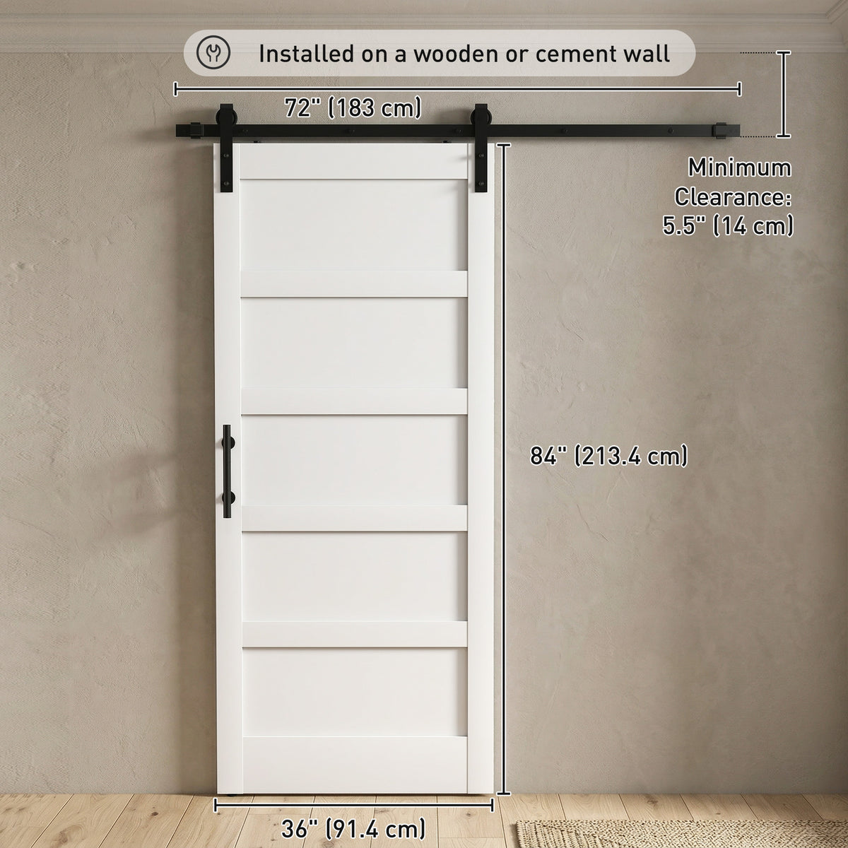 Porte de grange coulissante style Shaker avec quincaillerie