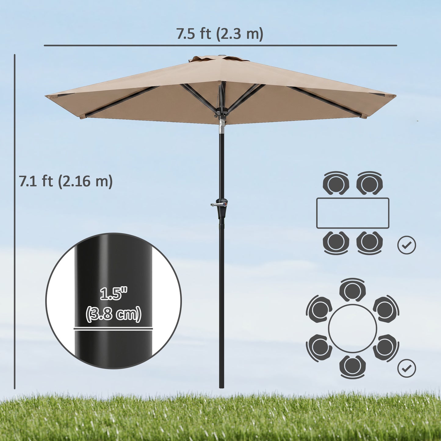 Parasol de terrasse inclinable avec 6 baleines — kaki
