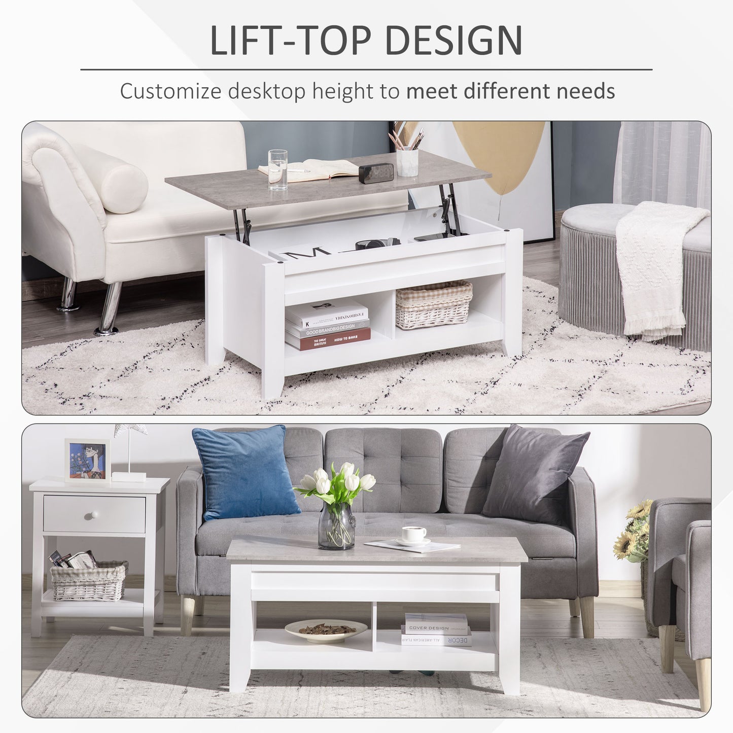 Table à café avec plateau relevable et rangement caché