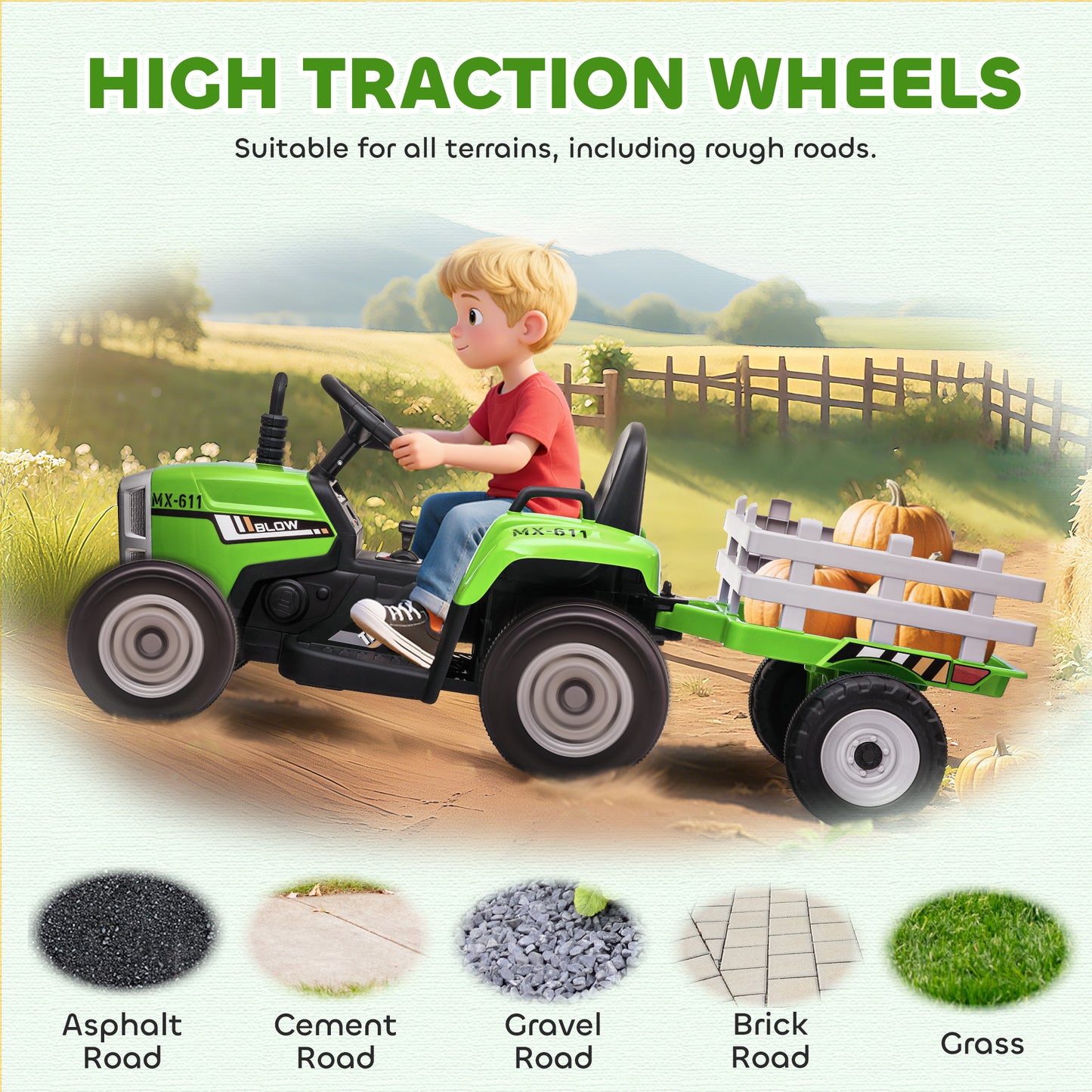 Tracteur électrique 12V pour enfants avec remorque