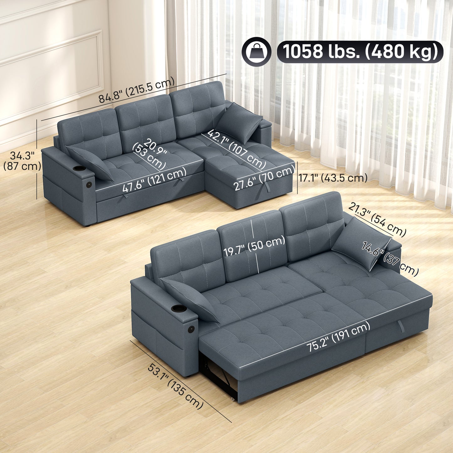 Sofa-lit sectionnel convertible en L avec rangement et ports USB