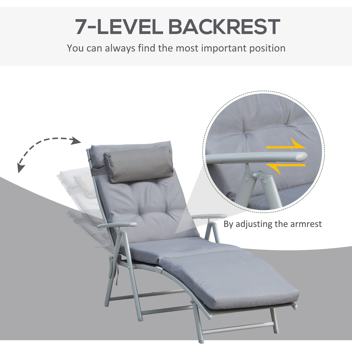 Chaise longue pliante extérieure à 7 positions avec coussin