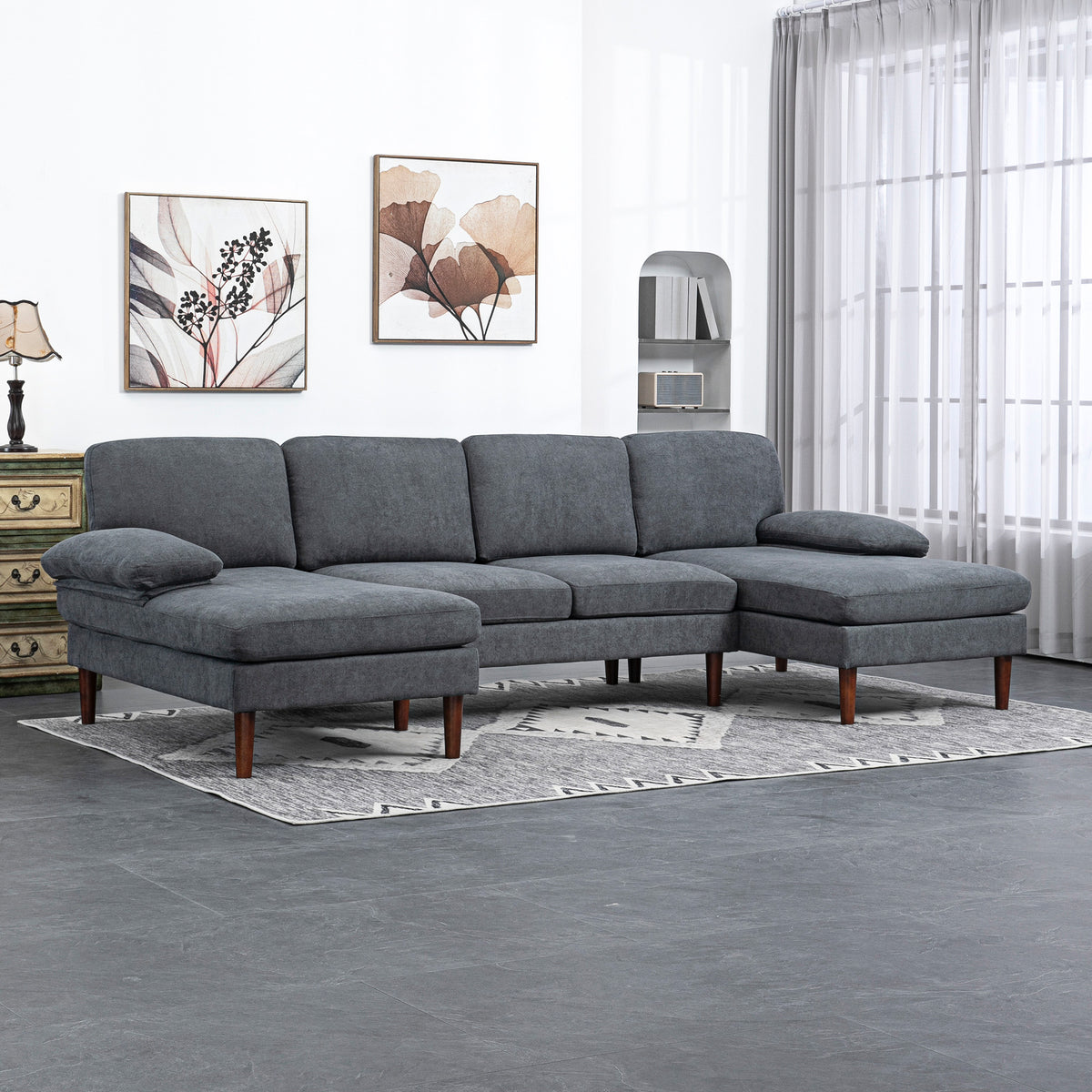 Sofa en U double méridienne 4 places — tissu lin