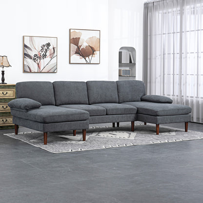 Sofa en U double méridienne 4 places — tissu lin