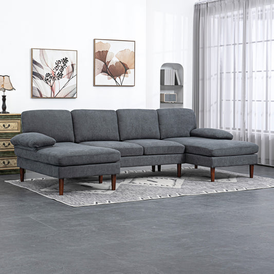 Sofa en U double méridienne 4 places — tissu lin