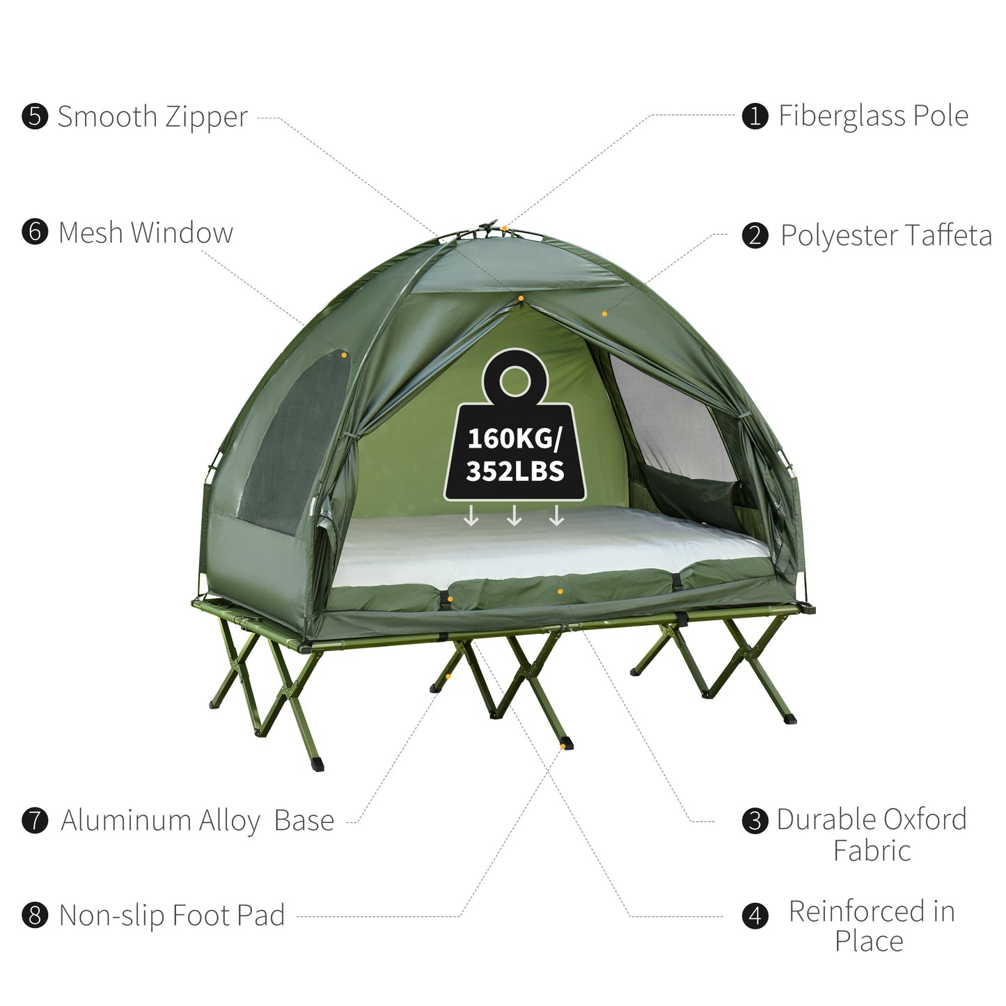 Ensemble camping tente-lit surélevé 2 personnes avec matelas