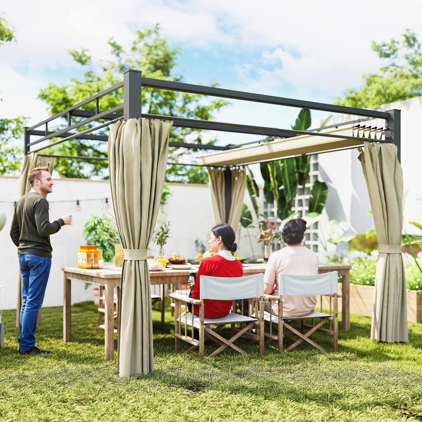 Pergola autoportante avec toit rétractable et rideaux 3×3 m
