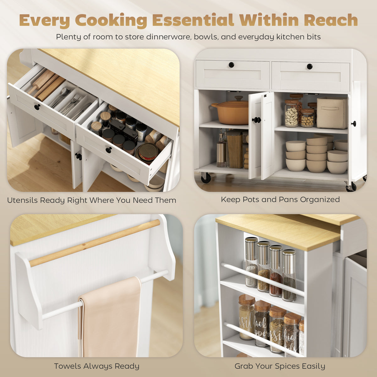 Îlot de cuisine roulant avec plateau extensible et prise