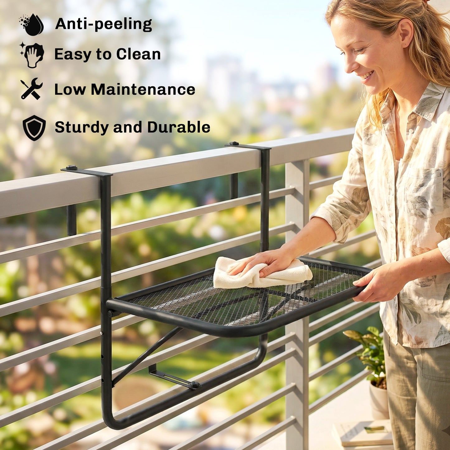 Table de balcon suspendue ajustable pour rambarde