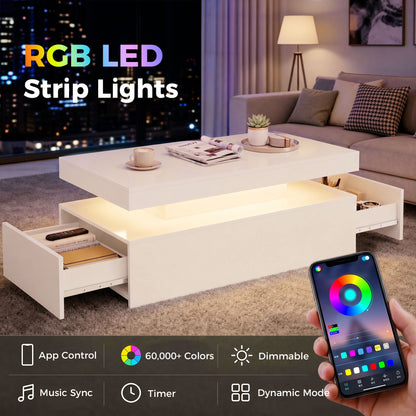 Table basse LED 2 tiroirs haute brillance