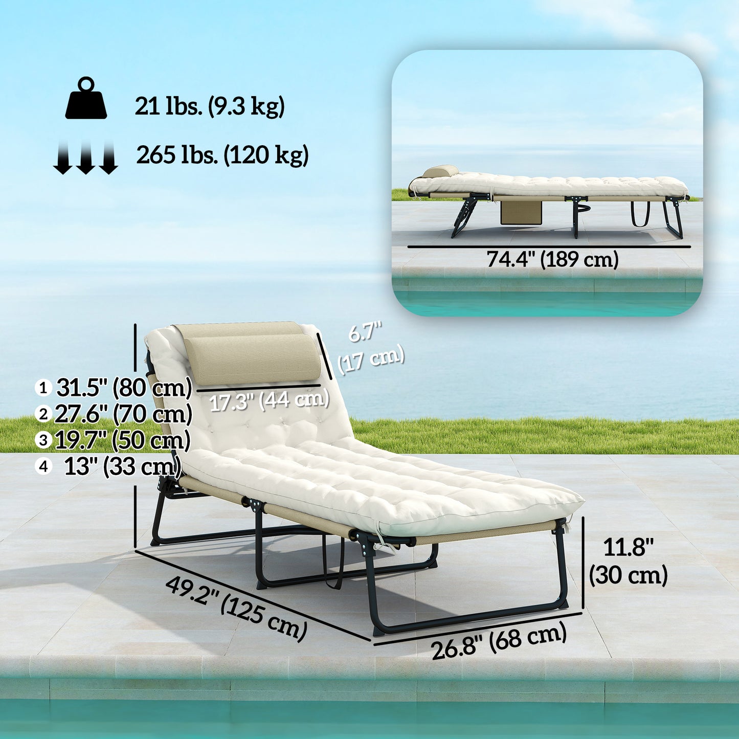 Chaise longue pliante 4 positions avec coussin