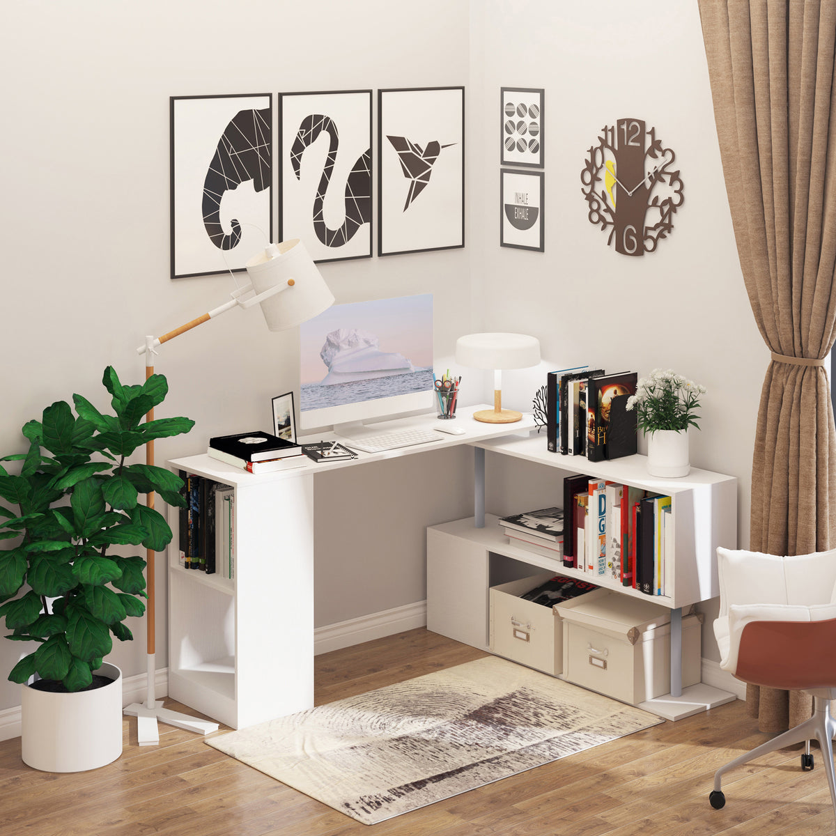 Bureau d'angle rotatif 360° avec étagères 3 niveaux