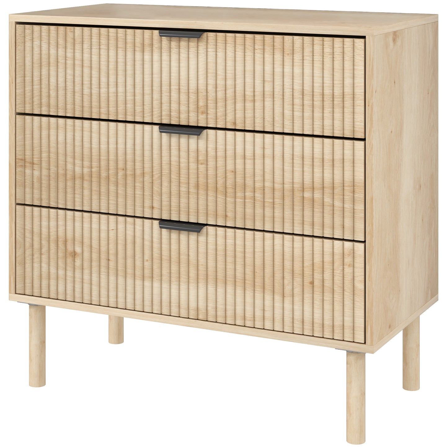 Commode 3 tiroirs à panneaux cannelés et pieds en bois