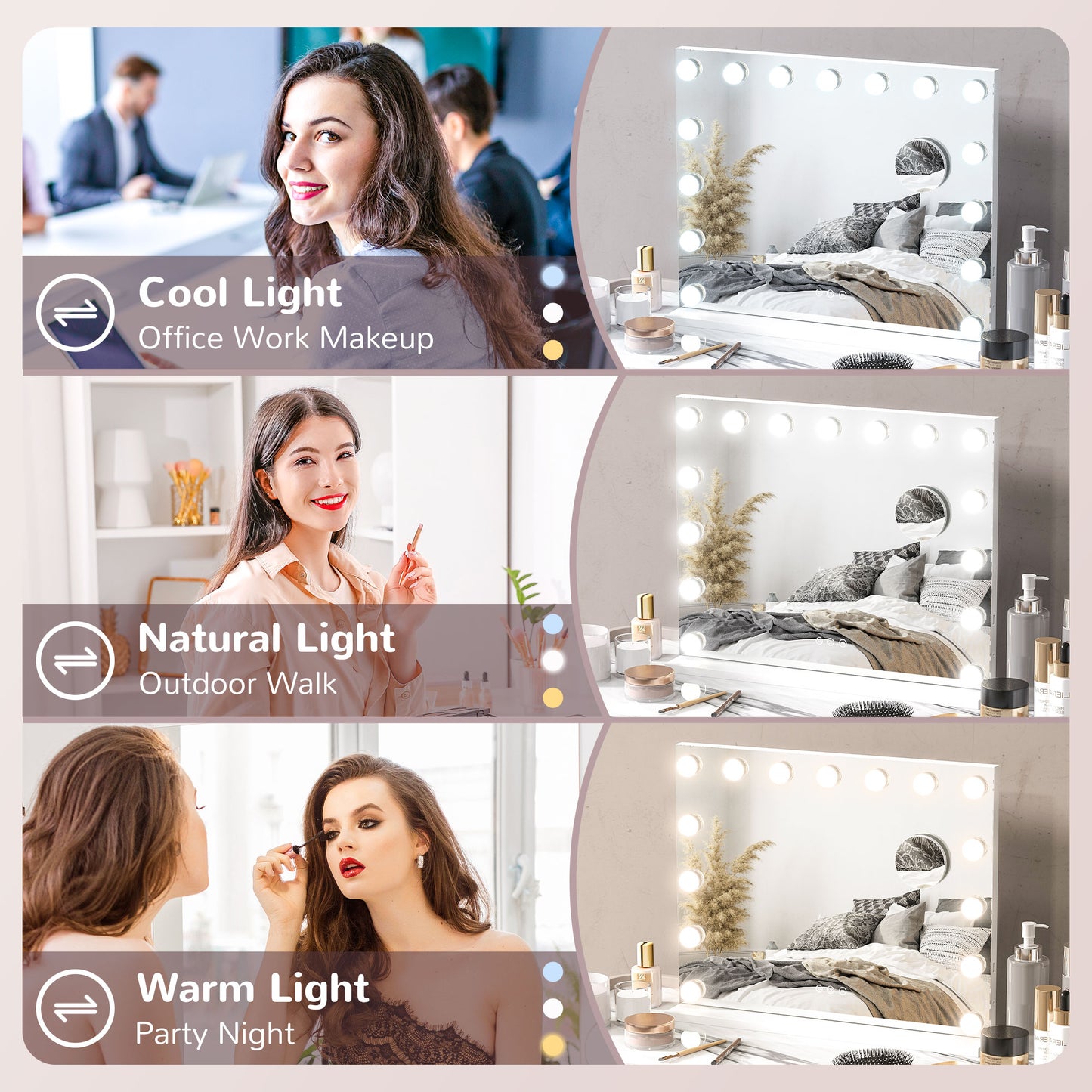 Miroir de maquillage Hollywood DEL 3 modes d'éclairage
