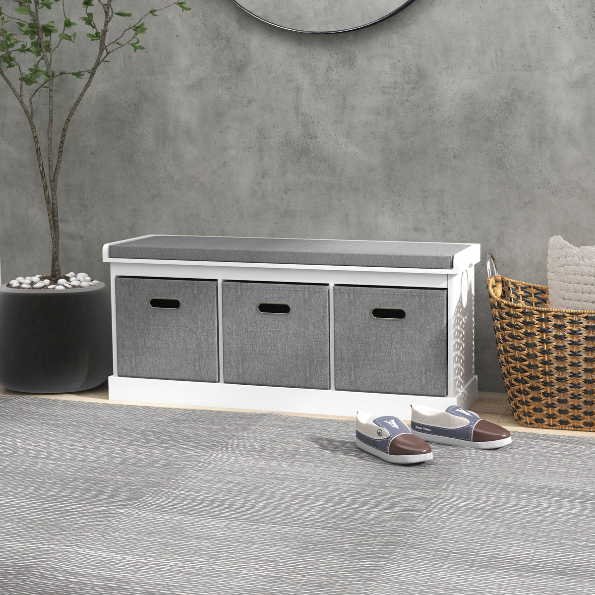 Banc de rangement pour chaussures avec coussin et tiroirs