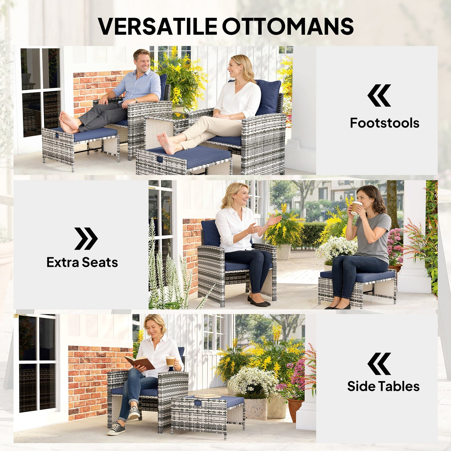 Outsunny 5-Piece Rattan Patio Set - Chairs + Ottomans + Glass Table