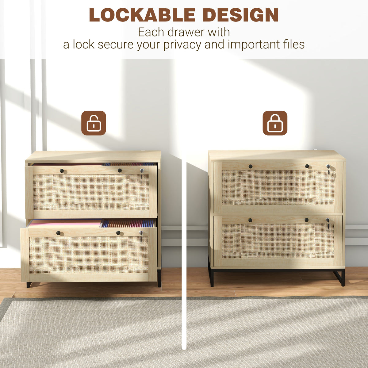 Classeur 2 tiroirs avec serrure design rattan