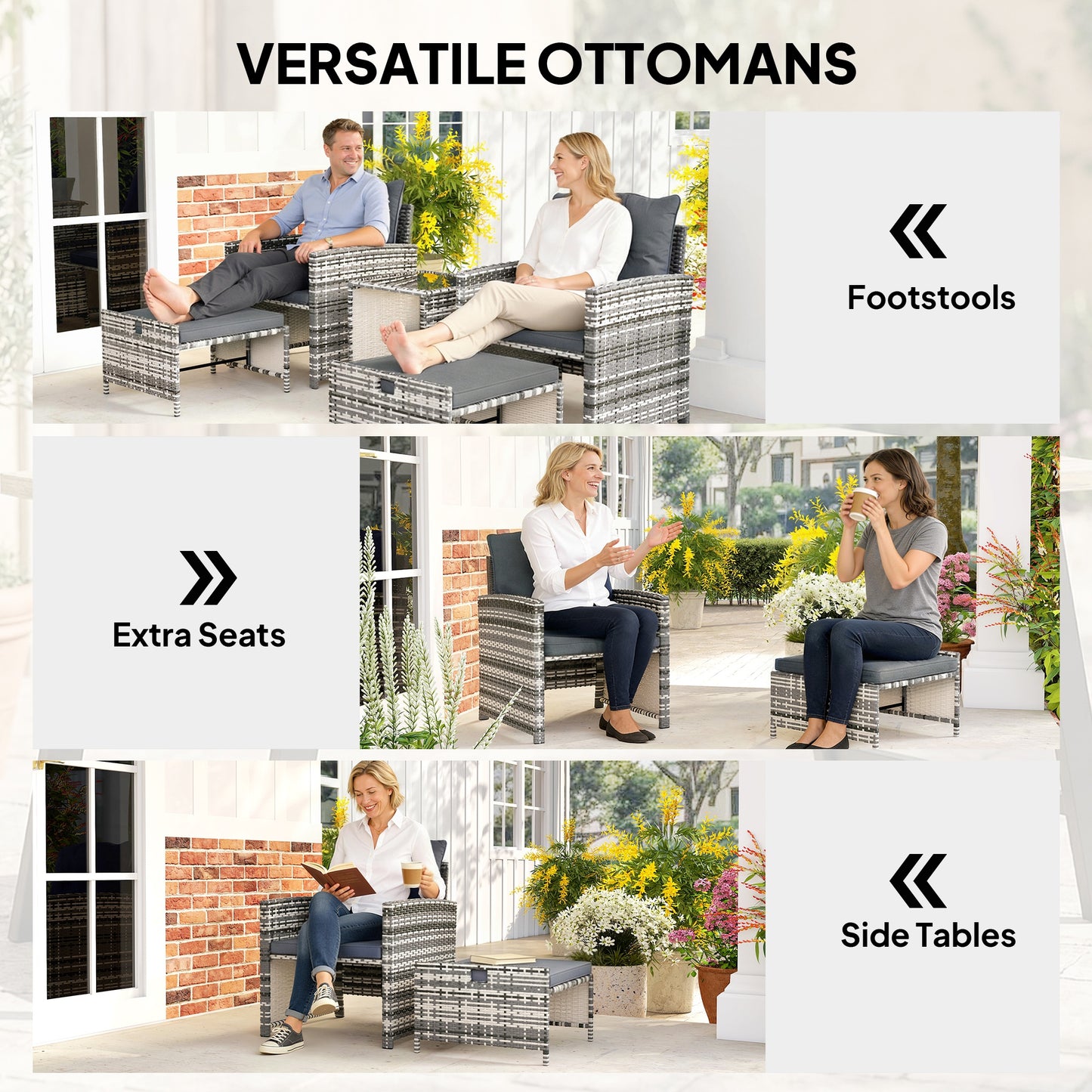 Outsunny 5-Piece Rattan Patio Set - Chairs + Ottomans + Glass Table