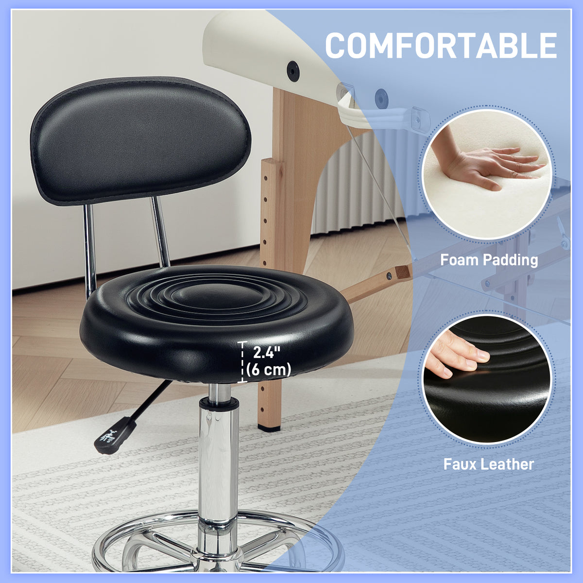 Tabouret à roulettes réglable avec dossier et pivot 360
