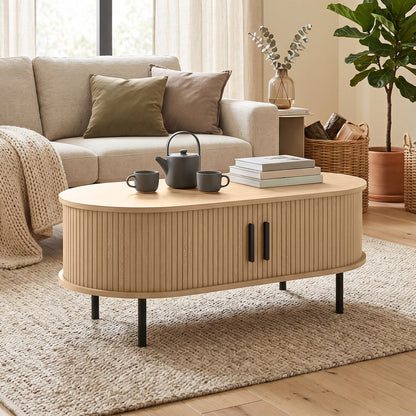 Table basse portes tambour coulissantes pieds métal