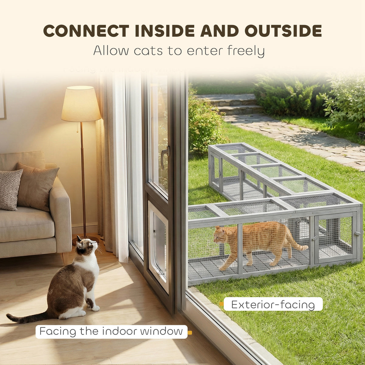 Tunnel pour chat extérieur en bois et grillage modulaire