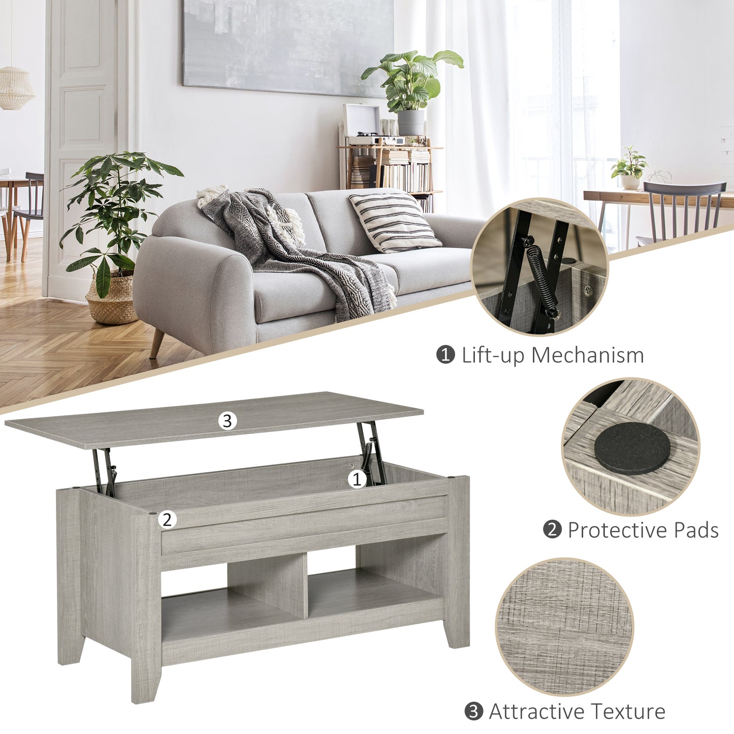 Table à café avec plateau relevable et rangement caché