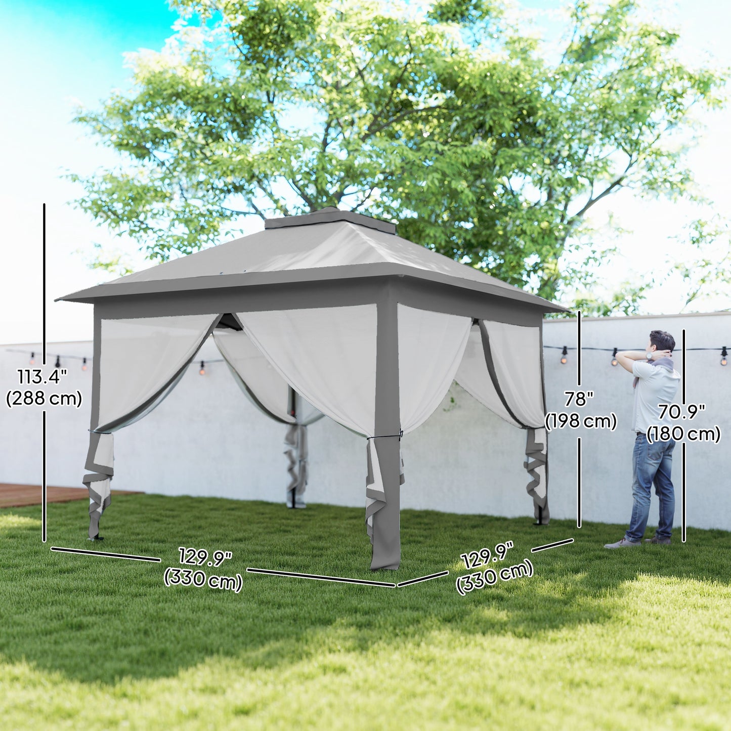 Gazebo pop-up double toit avec moustiquaire 3,35 m x 3,35 m