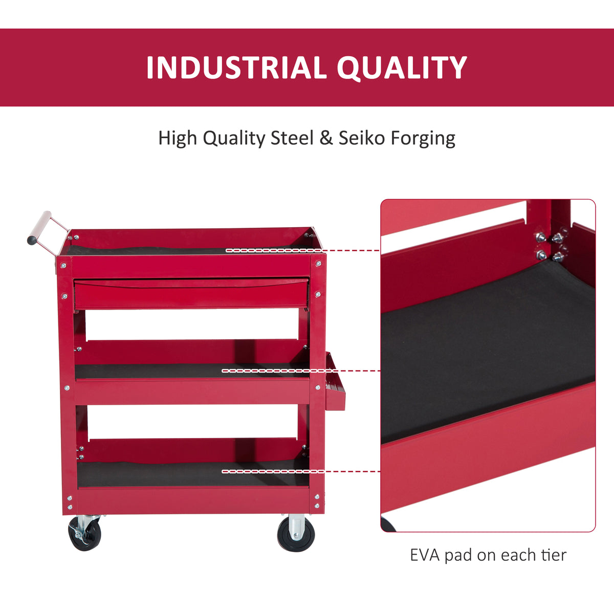 Chariot à outils mobile à 3 tablettes avec tiroir