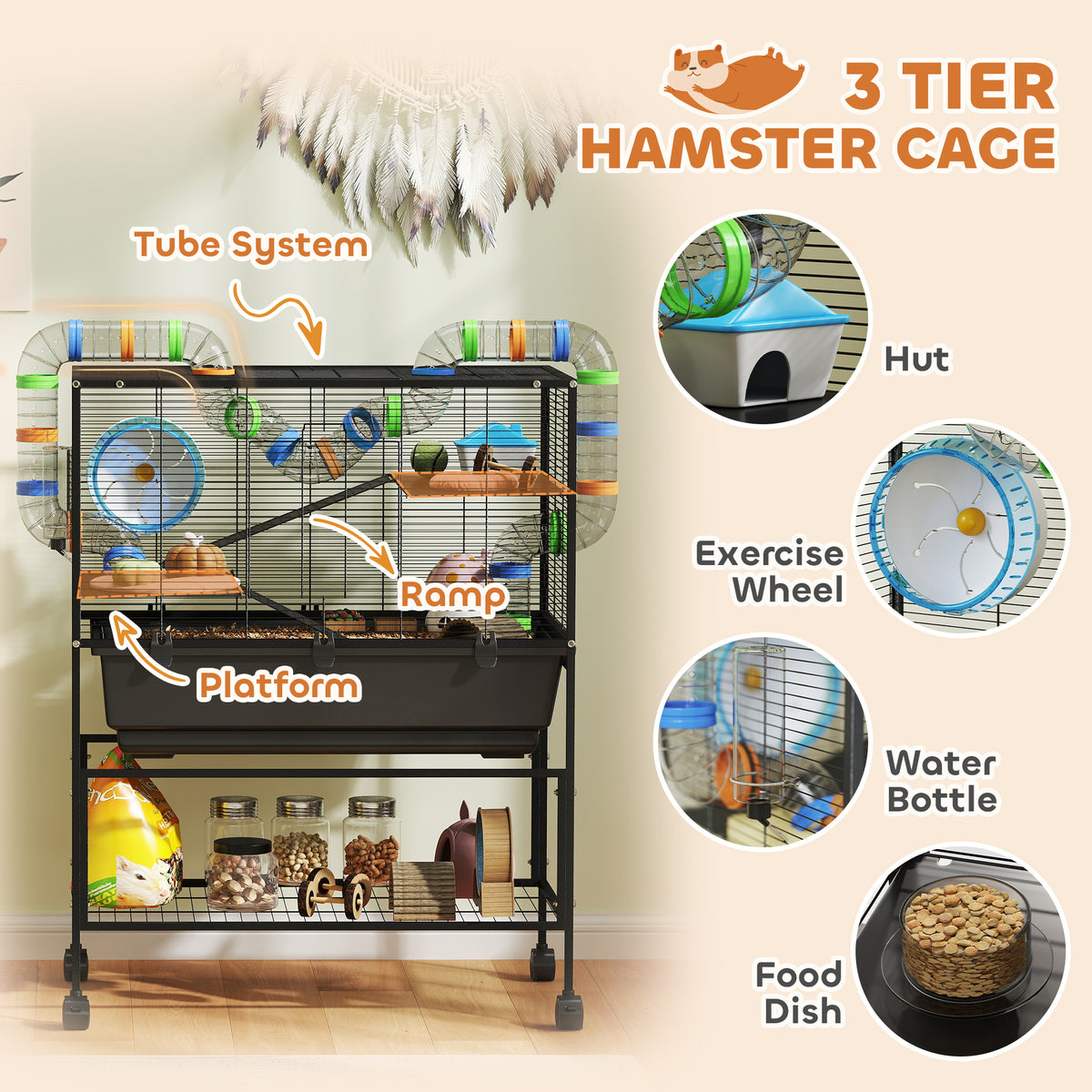 Cage pour hamster roulante à 3 niveaux
