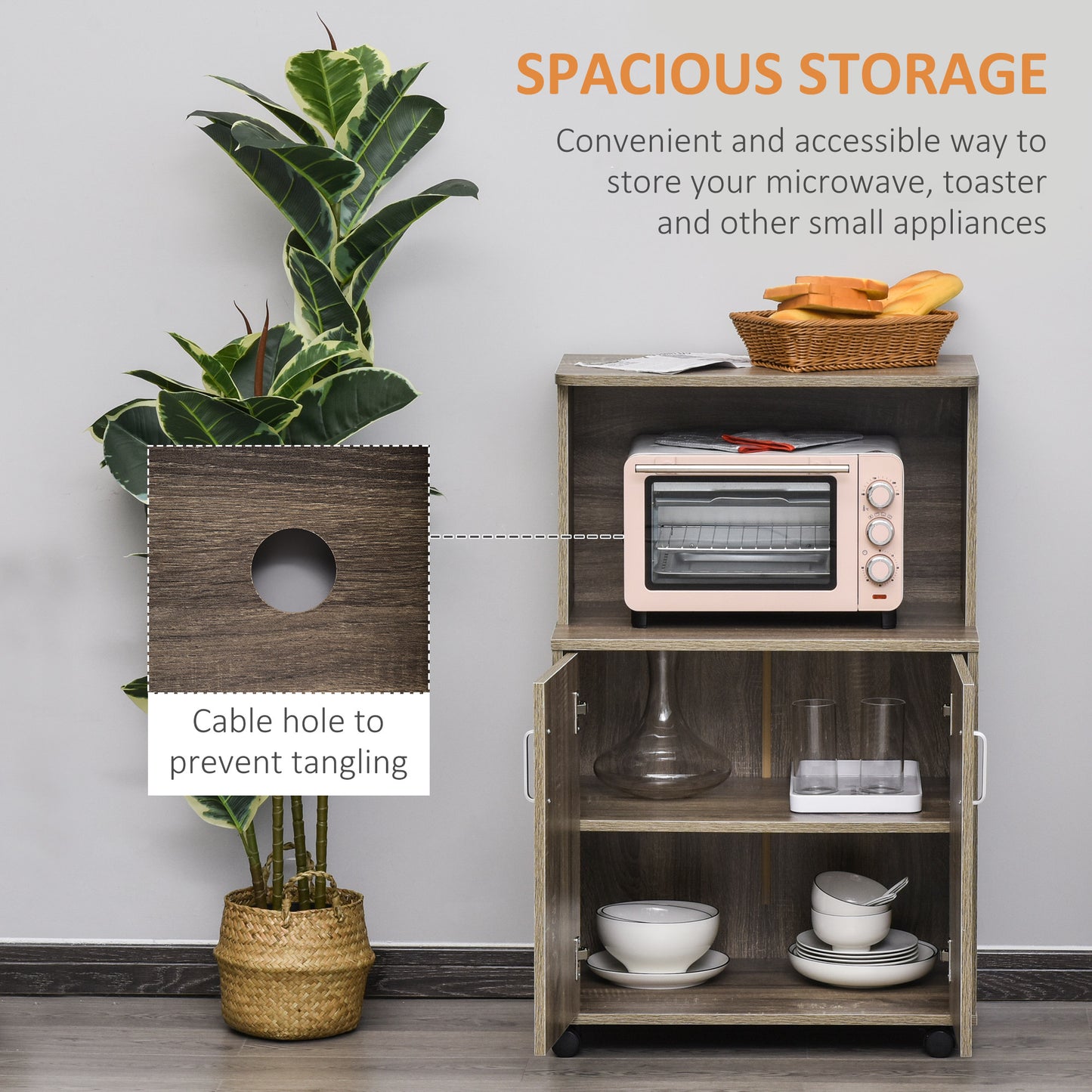 Chariot micro-ondes avec rangement et cabinet 2 portes