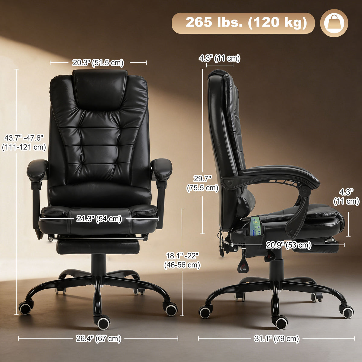 Chaise de bureau massante inclinable avec repose-pieds